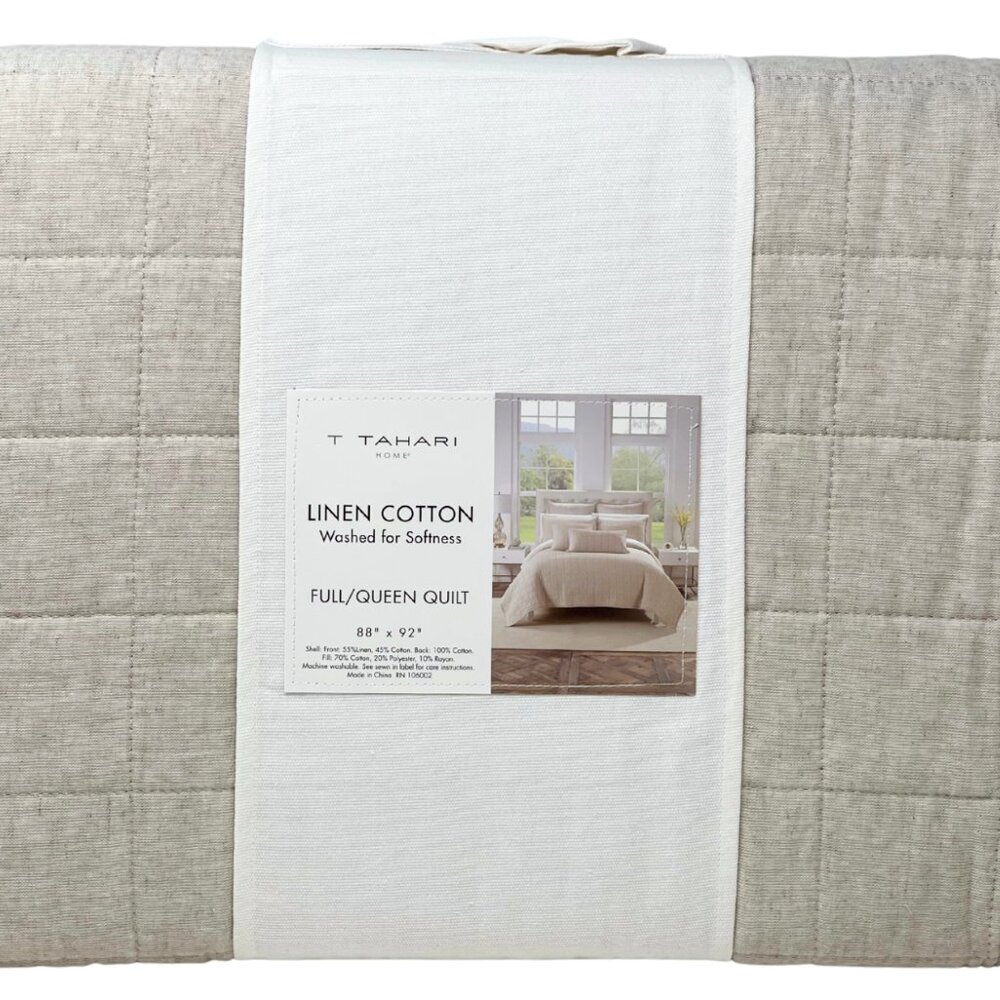 T TAHARI FULL / QUEEN Soft Washed LINEN & COTTON Blend Natural Beige Quilt NEW